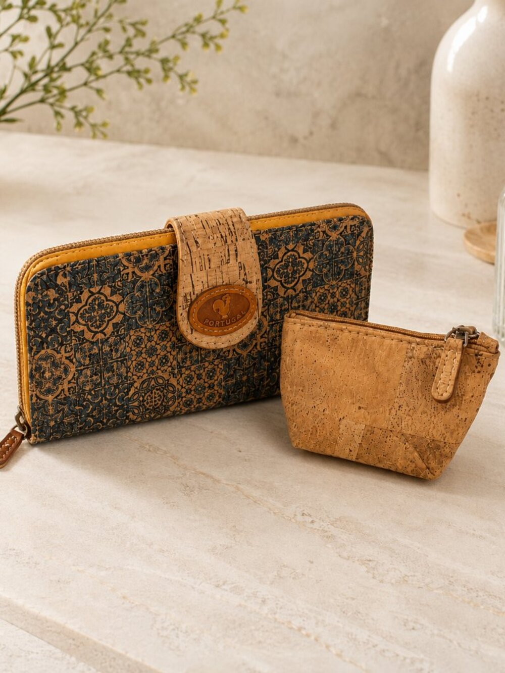 2 Pc Natural Cork Wallet Coin Pouch Set Patterned